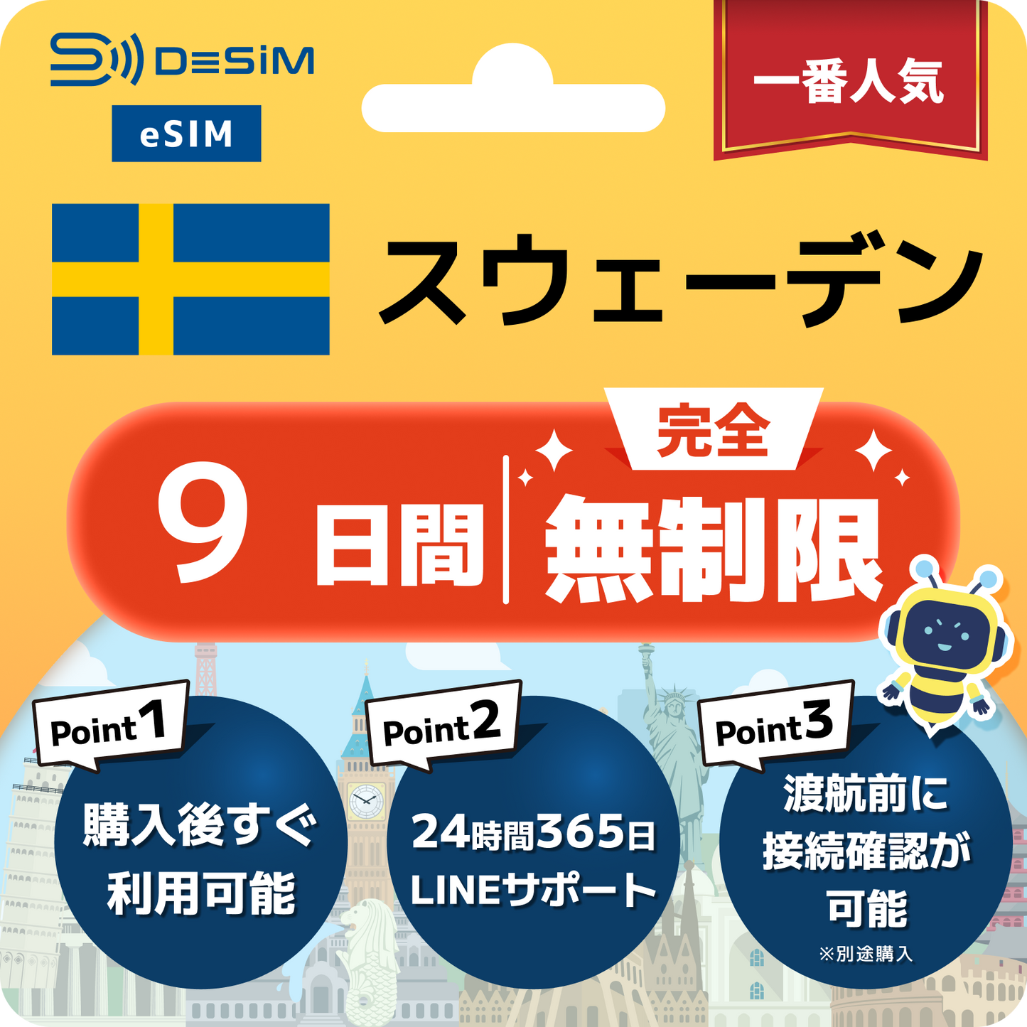 スウェーデン eSIM（1~30日間） 完全無制限eSIM 即日開通 テザリング対応