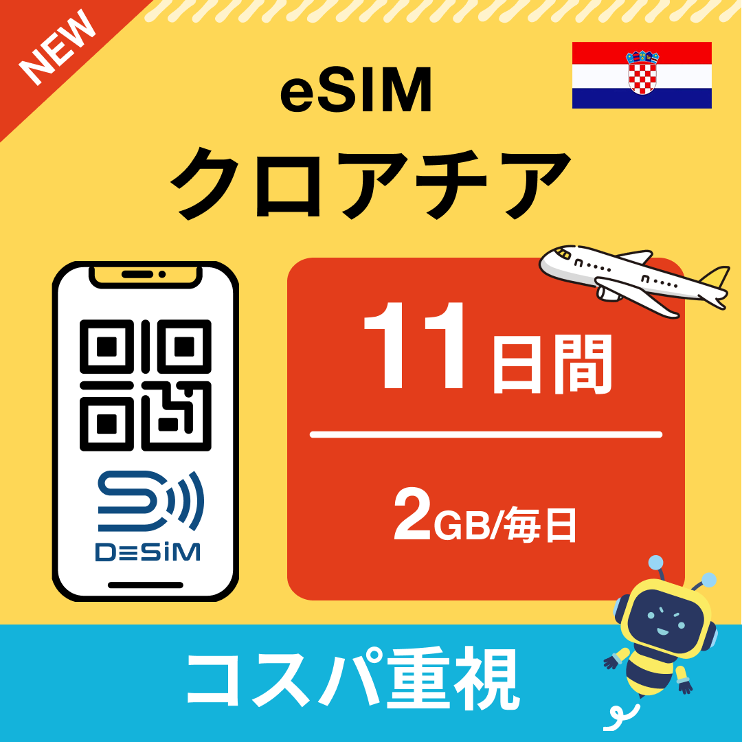 クロアチア eSIM（11~20日間）500MB～50GB選択可能 即日開通 テザリング対応