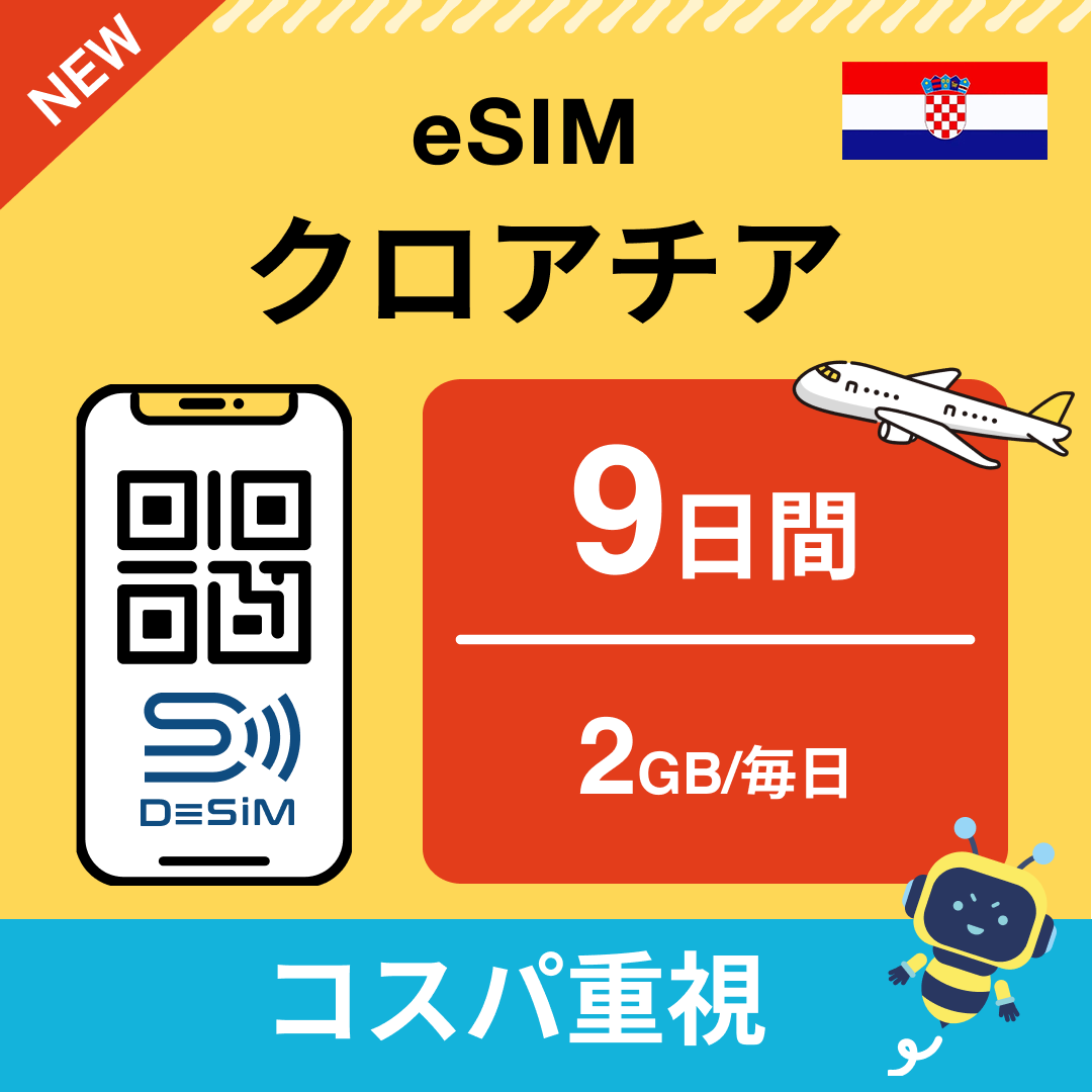 クロアチア eSIM（ 1~10日間）500MB～50GB選択可能 即日開通 テザリング対応