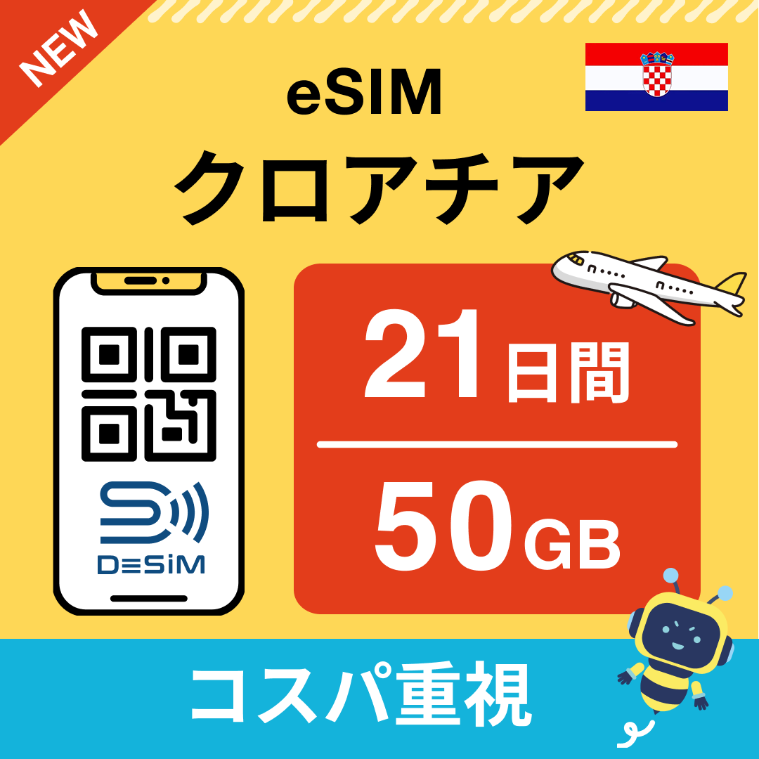 クロアチア eSIM（21~30日間）500MB～50GB選択可能 即日開通 テザリング対応