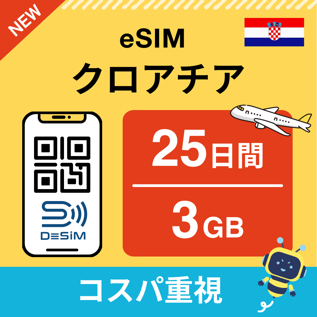 クロアチア eSIM（21~30日間）500MB～50GB選択可能 即日開通 テザリング対応