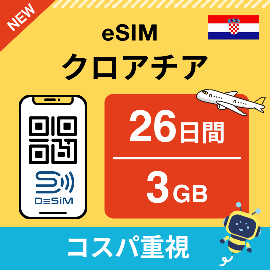 クロアチア eSIM（21~30日間）500MB～50GB選択可能 即日開通 テザリング対応